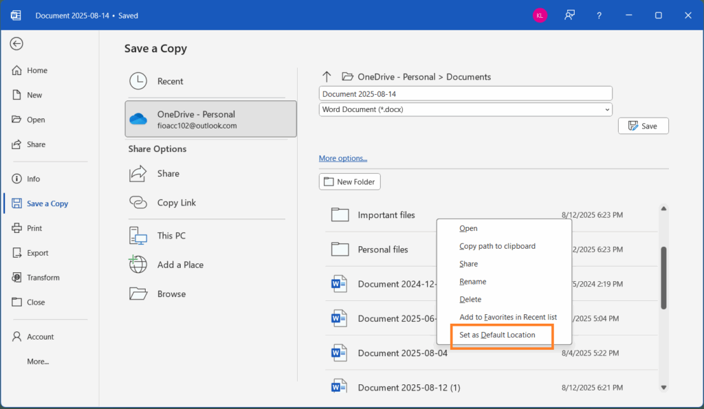 set default location microsoft word 1