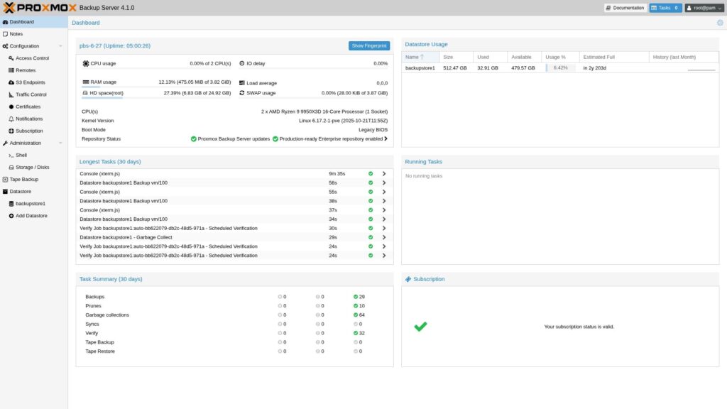proxmox backup server 4.1 dashboard