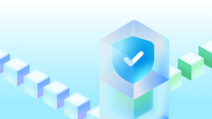 An abstract illustration of connected blocks surrounding a central shield with a checkmark representing secure and verified systems.