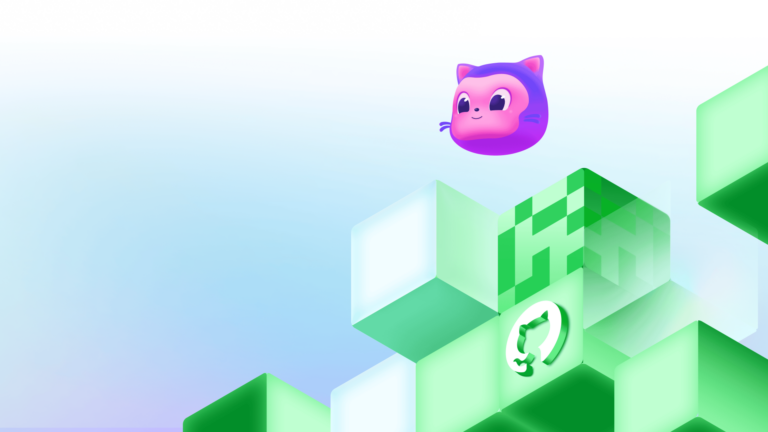 Home Elementor 4 Mona floats above green geometric blocks that include a GitHub invertocat logo in a decorative scene.