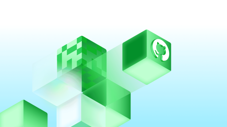 Home Elementor 5 Decorative background featuring floating green cubes, including one with the GitHub invertocat logo.