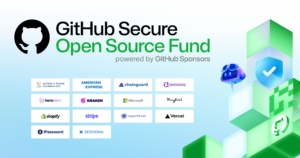 A decorative header image showing GitHub Secure Open Source Fund, powered by GitHub Sponsors. Logos below are: Alfred P. Sloan Foundation, American Express, chainguard, Datadog, herdevs, Kraken, Microsoft, Mayfield, Shopify, stripe, superbloom, Vercel, 1Password, Zerodha